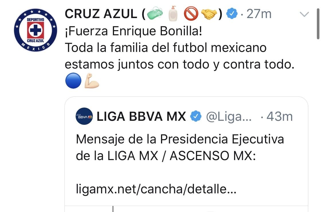 Mensajes de aliento de los clubes del futbol mexicano, tras el positivo de Enrique Bonilla en COVID-19.