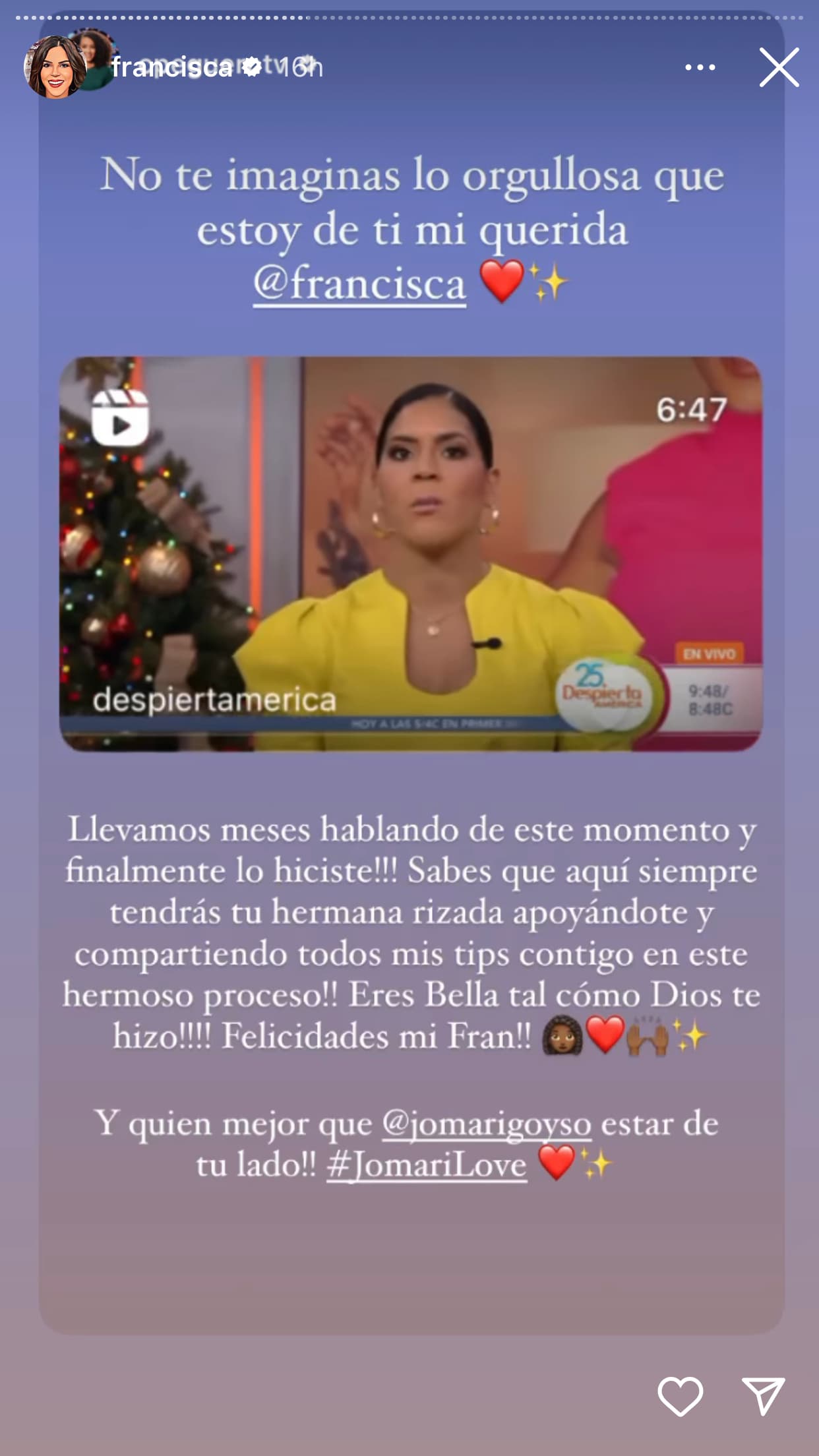 "Aquí siempre tendrás a tu hermana rizada", le escribió Carolina Peguero, una de las presentadoras de
<b> <a href="https://vix.com/es/canales/selectos/channel-callsign-frequancy-News-24-7?utm_medium=internal_referral&utm_source=univision&utm_campaign=breaking_news&utm_content=ed_entertainment&utm_term=slideshow" target="_blank">Noticias Univision 24/7, que puedes ver gratis aquí en ViX. </a></b>