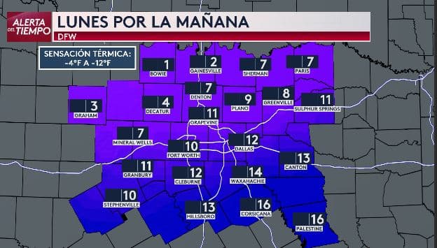 Este es el panorama de las temperaturas para el lunes por la mañana. Puede 
<b>observar que lo más peligroso es al norte de nuestra región, </b>donde tendrán amaneceres con un dígito entre 
<b>1°F (-17°C) </b>y hasta
<b> 7°F (-13°C)</b>. Pero no se confíe que la sensación térmica será de 
<b>-4°F (-20°C) </b>y 
<b>-12°F (-24°C) </b>.