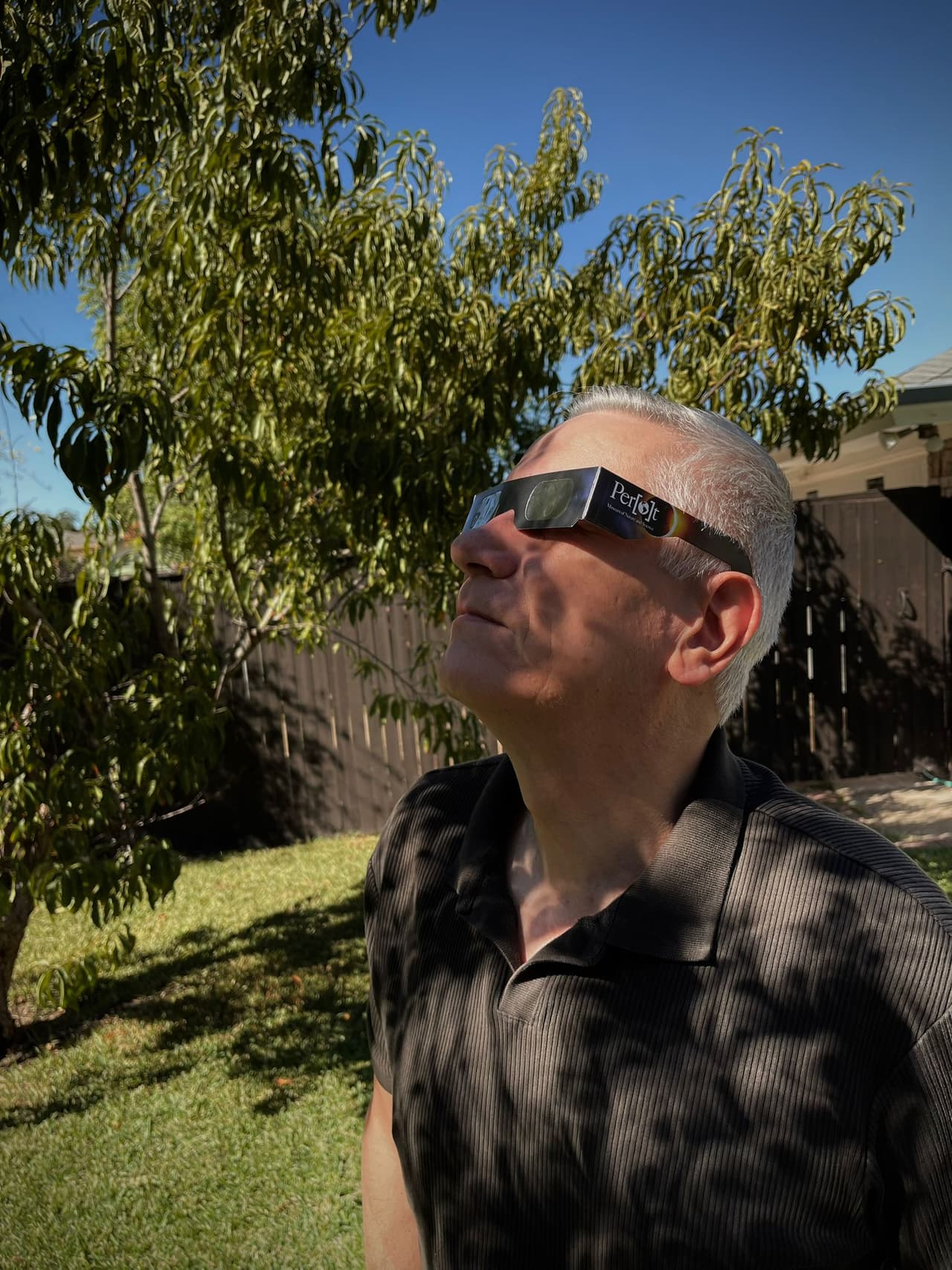 En la camisa de Ángel Pedrero se ve el reflejo de la luna cubriendo el sol. Esto fue en Plano, Texas.