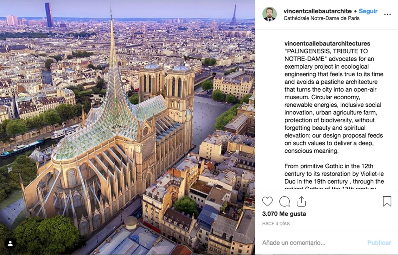 <b>Otra propuesta ecológica para la nueva catedral</b>. “Economía circular, energías renovables, innovación social inclusiva, granja agrícola urbana, protección de la biodiversidad, sin olvidar la belleza y la elevación espiritual: nuestra propuesta de diseño se nutre de dichos valores para brindar un significado profundo y consciente”, 
<a href="https://www.instagram.com/p/BxAGhVtp54_/?utm_source=ig_web_copy_link" target="_blank">se lee en la publicación del arquitecto</a> franco-belga 
<a href="http://vincent.callebaut.org" target="_blank">Vincent Callebaut. </a>
