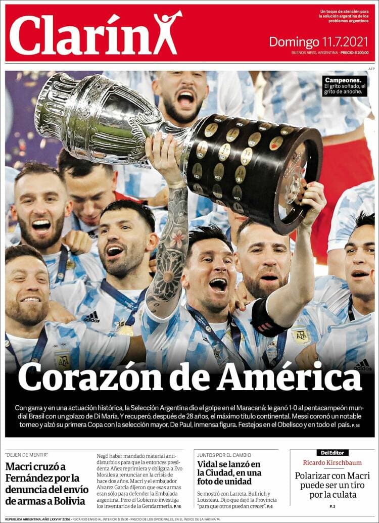 Argentina rompe la maldición y 28 años después consigue, de la mano de Lionel Messi, el título de campeones de la Copa América. La prensa argentina enaltece la hazaña, así como la prensa internacional del continente americano.
