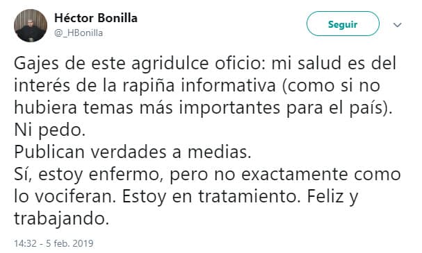 Con un mensaje en Twitter puso un alto a los rumores, aunque no dio detalles de su padecimiento.