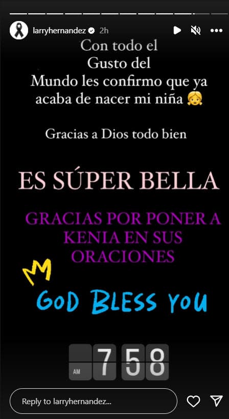 Larry Hernández anuncia el nacimiento de su sexta hija.