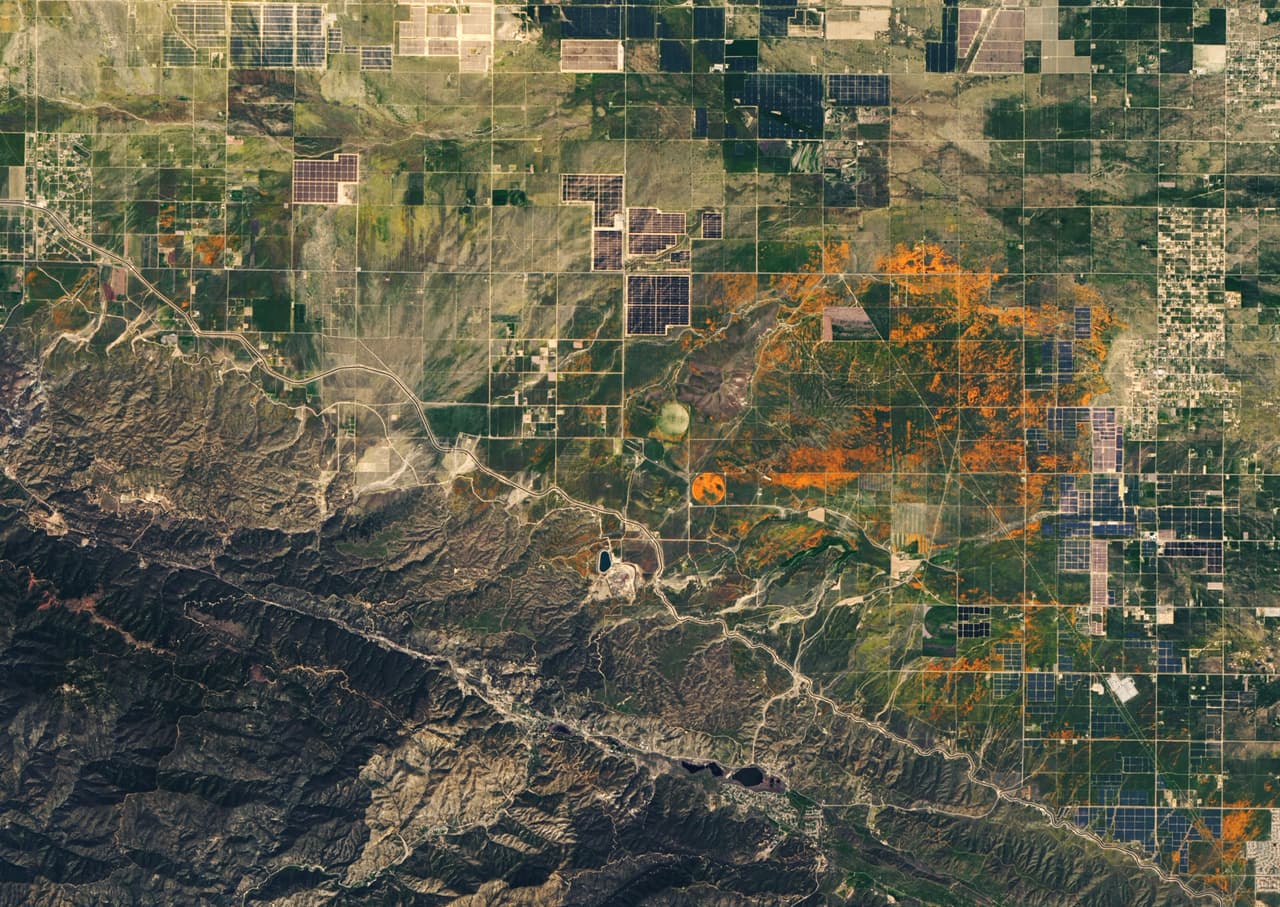 La superfloración de amapola naranja se produce anualmente en la reserva de Antelope Valley, California, y este año fue tan intensa que se pudo fotografíar desde un satélite. Esta toma revelada por NASA muestra el campo de flores visto desde el espacio el 14 de abril de 2020.