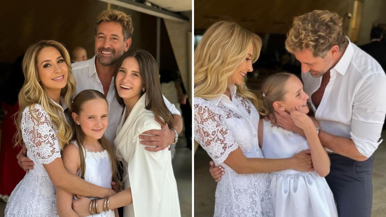 Geraldine Bazán y Gabriel Soto juntos en la primera comunión de su hija.