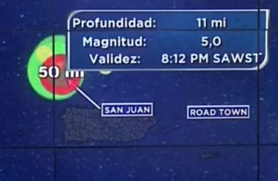 Se registra un sismo de magnitud 5.0 al norte de Aguadilla