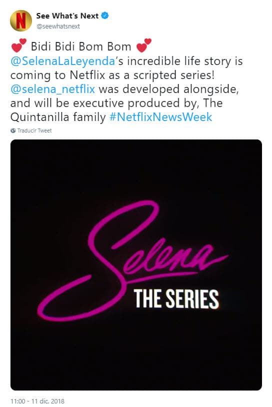 "Bidi Bidi Bom Bom. La increíble historia de vida de @SelenaLaLeyenda llegará a Netflix como serie. @selena_netflix se desarrolló en conjunto y será producida por la familia Quintanilla", reveló la cuenta oficial de la plataforma de 'streaming'.
<br>
