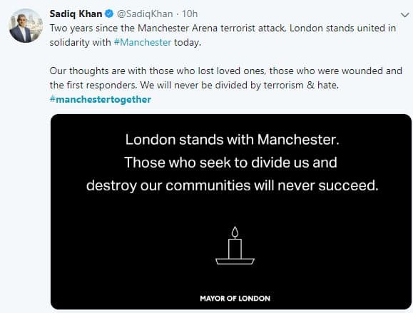 El alcalde de Londres, 
<a href="https://twitter.com/SadiqKhan/status/1131118587857571840">Sadiq Khan</a>, también se expresó al respecto. “Dos años del ataque terrorista en el Manchester Arena, Londres se mantiene unido en solidaridad con Manchester hoy”.