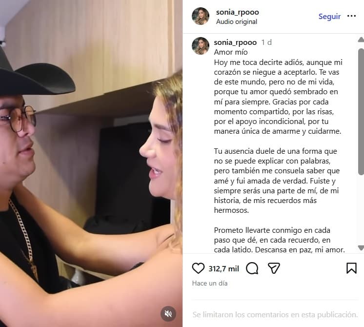 Este es el mensaje que apareció en una cuenta de Instagram que le atribuyen a Sonia Restrepo, pareja de Yeison Jiménez.