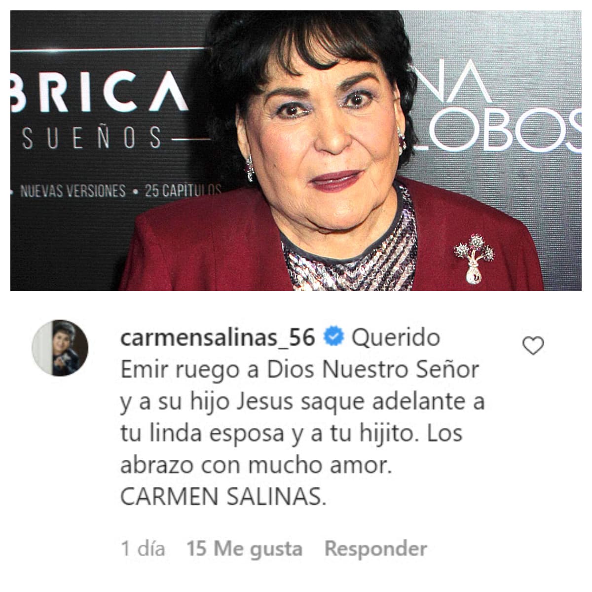 El mensaje de Emir Pabón fue apoyado por famosos como 
<b>Carmen Salinas</b>, quien "rogó" a Dios por la salud de la pareja y su hijo por nacer. 
<br>