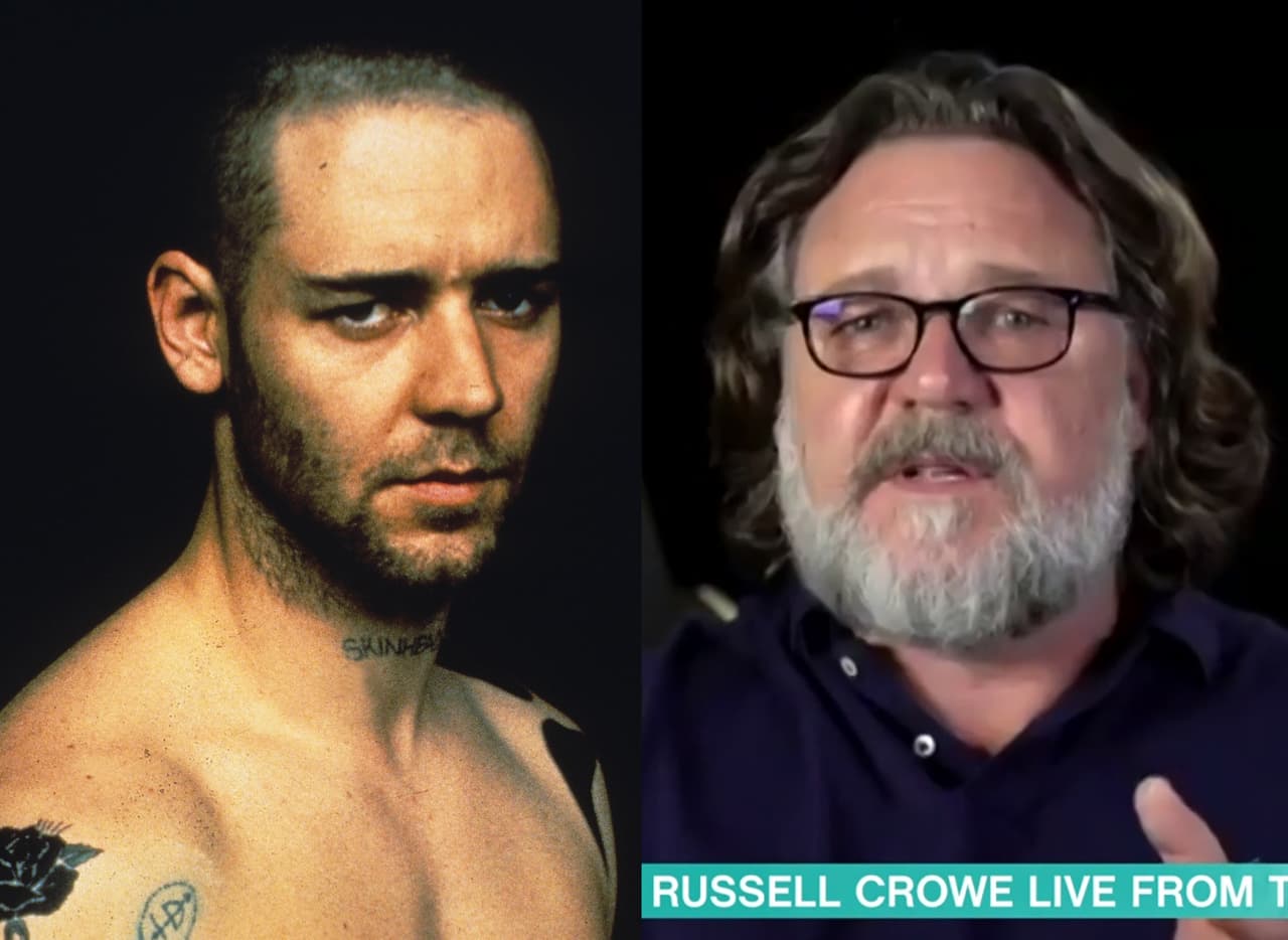 El actor neozelandés Russell Crowe comenzó su carrera en la década de los 90. Su primer trabajo documentado fue 'Blood Oath: Prisoners of the Sun' y dos años más tarde apareció en 'Romper Stomper', de donde se extrae la foto de la izquierda.