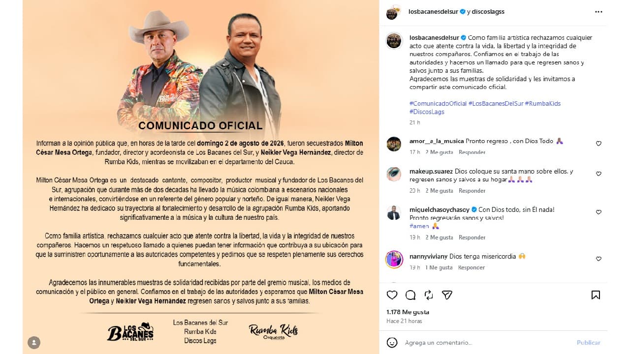 Comunicado de Los Bacanes del Sur sobre el secuestro de Milton César Mesa Ortega.