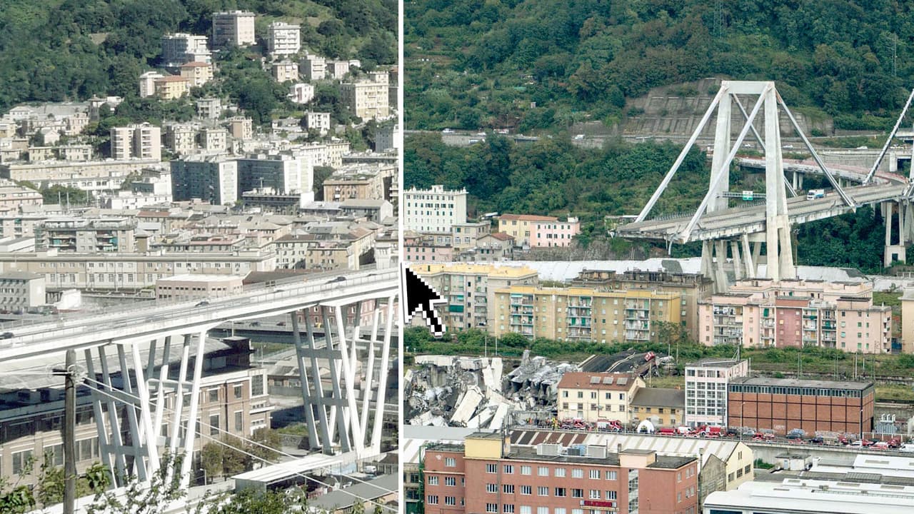Fotografías interactivas: el antes y después del puente que colapsó mientras era transitado en Italia