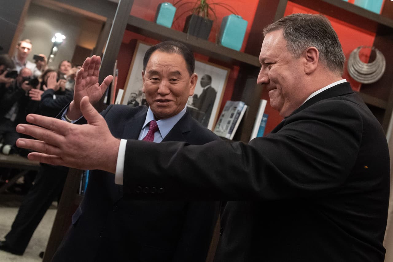 US Secretary of State Mike Pompeo welcomes North Korean Vice-Chairman Kim Yong Chol prior to a meeting in Washington, DC, January 18, 2019. (Photo by SAUL LOEB / AFP) (Photo credit should read SAUL LOEB/AFP/Getty Images)