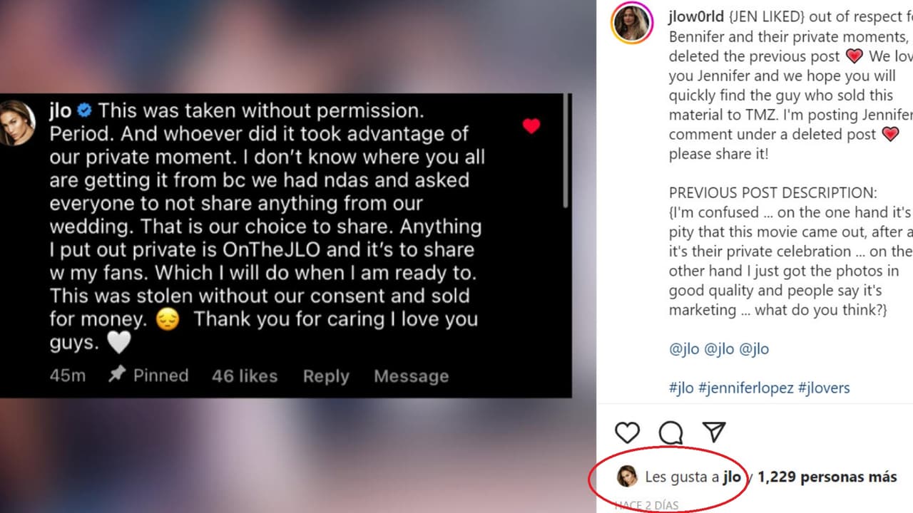 Este fue el mensaje que JLo habría escrito en Instagram y que fue recuperado por una cuenta de fans de la cantante. Se observa que la propia artista le dio 'me gusta' a la publicación.