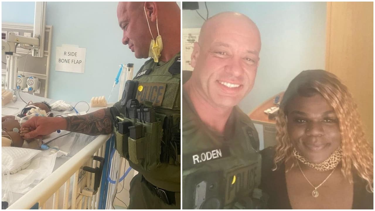 El oficial Robert Oden se reencontró con la madre y el bebé al que salvó en el hospital.