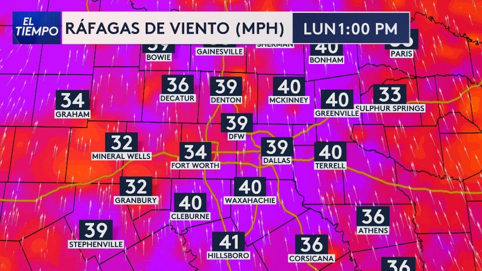 <h3 class="cms-H3-H3">Ráfagas de viento podrían alcanzar las 40 mph en Dallas-Fort Worth</h3> El pronóstico muestra ráfagas de viento fuertes para el lunes por la tarde en el norte de Texas, 
<b>con velocidades cercanas a las 40 mph en Dallas, McKinney, Terrell, Waxahachie, Cleburne e Hillsboro.</b> 
<br>
<b>En Fort Worth se esperan ráfagas alrededor de 34 mph, </b>mientras que otras ciudades del área podrían registrar vientos entre las 30 y 40 mph. 
<br>Estas condiciones
<b> pueden afectar el manejo, mover objetos sueltos y aumentar el riesgo de daños durante el paso del sistema.</b>