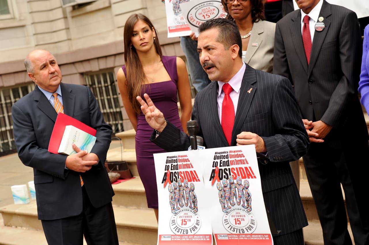 Guillermo Chacon, Latino AIDS Commission, speaks on the steps of City Hall on the 10th Annual National Latino HIV/AIDS Awareness Day, Monday Oct. 15, 2012, in New York. (Photo by Charles Sykes/Invision for OraSure/AP Images)