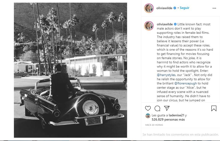 En su mensaje, Wilde criticó ese detalle de la industria fílmica: "La mayoría de los actores masculinos no quieren interpretar papeles secundarios en películas dirigidas por mujeres. La industria las ha hecho creer que disminuye su poder (es decir, su valor financiero)".