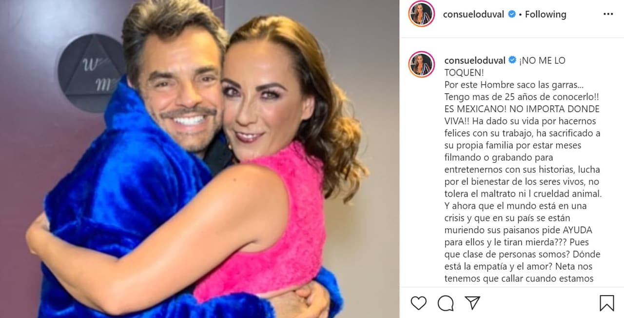 Junto con 
<b><a href="https://www.instagram.com/p/B-9zKDFAx9P/" target="_blank">esta foto</a></b> en la que aparecen caracterizados en sus personajes de Ludovico y Federica de la serie La Familia P.Luche, la actriz escribió 
<b><a href="https://www.univision.com/galavision/no-vengas-a-echarnos-tus-virus-federica-p-luche-a-eugenio-derbez-ludovico" target="_blank">"¡no me lo toquen!". </a></b>
<br>