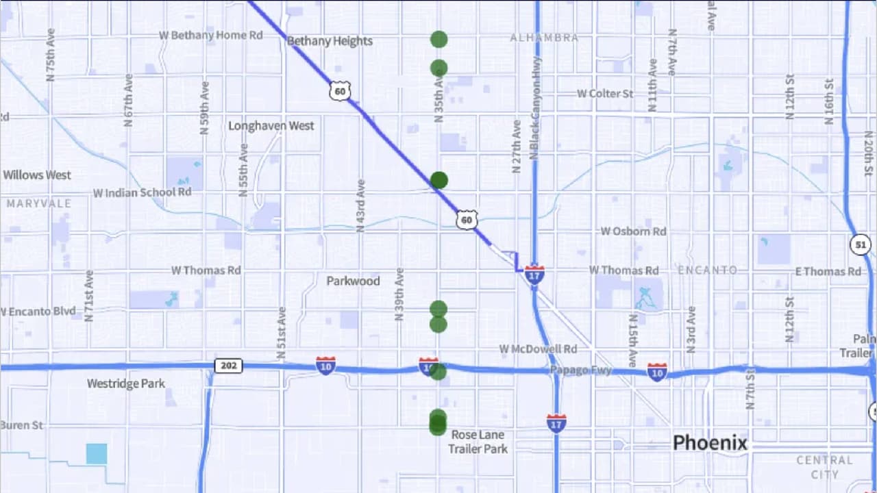 <b>35th Avenue</b> desde W Van Buren Street hasta W Bethany Home Road, en Phoenix.
<br>Accidentes fatales: 10
<br>Accidentes por milla: 2.0.