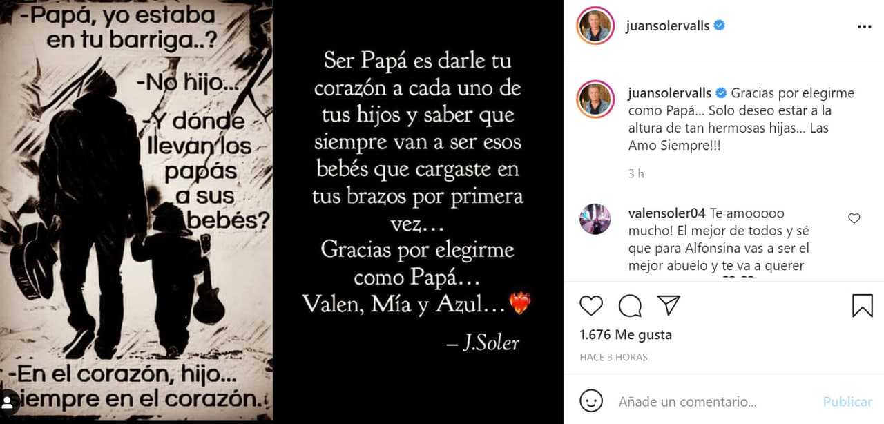 Hubo quienes como papás mandaron mensajes de agradecimiento a sus hijos, como fue el caso de 
<b>Juan Soler</b>, quien tiene tres hijas: "
<b><a href="https://www.instagram.com/p/CQWOX2jLy6h/" target="_blank">Gracias por elegirme como papá</a></b>… Solo deseo estar a la altura de tan hermosas hijas… ¡Las amo siempre!", escribió.