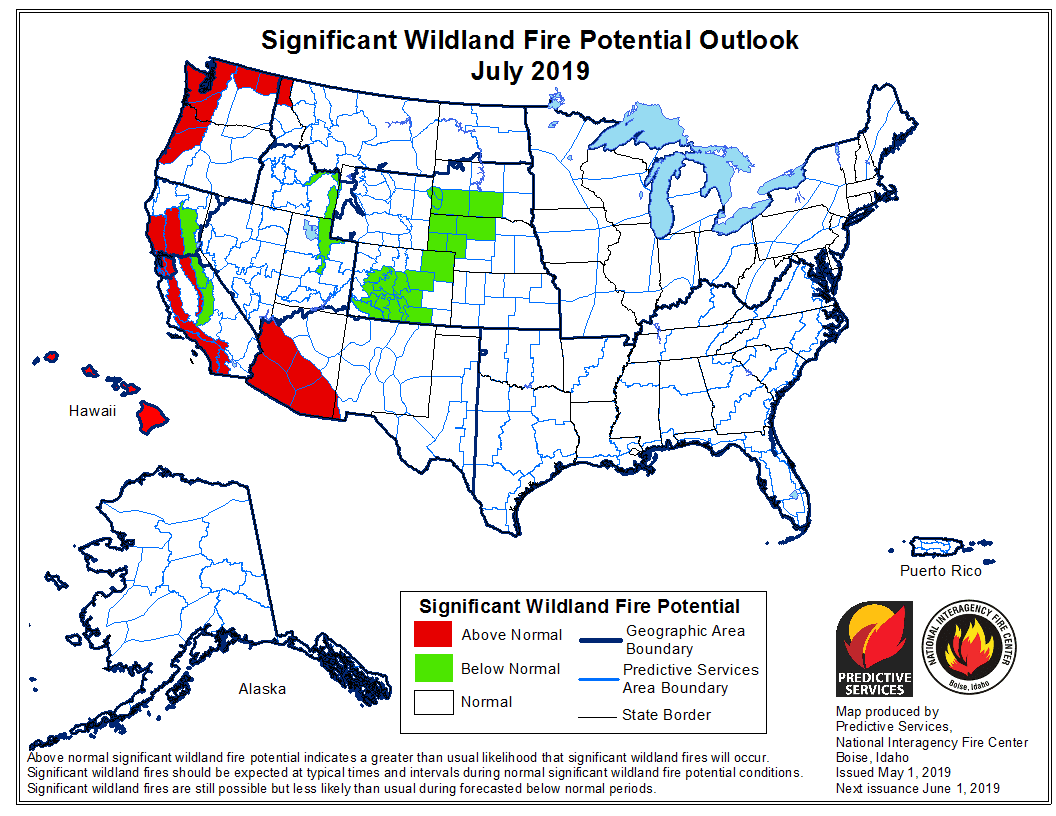 Para julio, la probabilidad de incendio se mantendrá por arriba de lo normal en California y se extenderá hasta el estado de Arizona. Sin embargo la zona montañosa del norte del estado (marcada en verde), la probabilidad de incendio se mantendrá por debajo de lo normal.