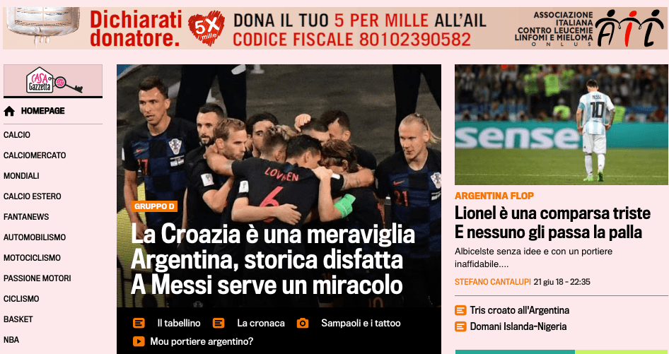 <i>La Gazzetta delo Sport</i>, el tradicionado diario deportivo italiano dice que Messi es una lástima en un equipo en el que nadie pasa la pelota.