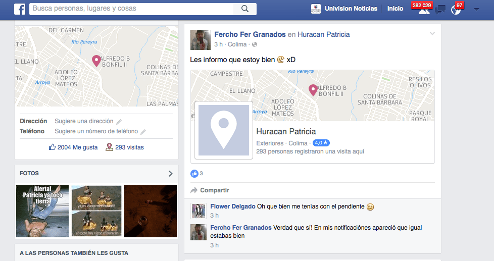 Facebook habilita función para notificar durante el paso de Patricia
