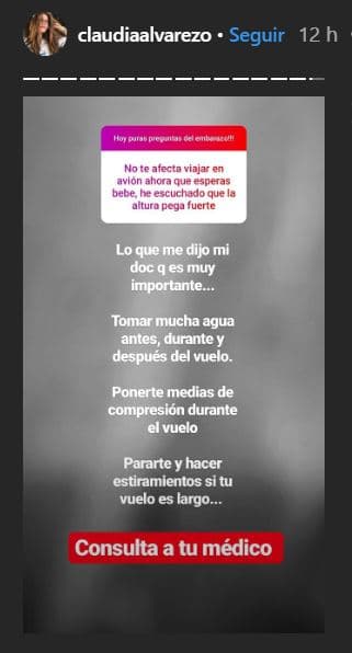 Por último, Claudia Álvarez compartió algunas recomendaciones para las mujeres que pretenden viajar en avión durante el embarazo. Además, destacó la importancia de tomar precauciones, así como consultar con el médico a fin de recibir la orientación adecuada.