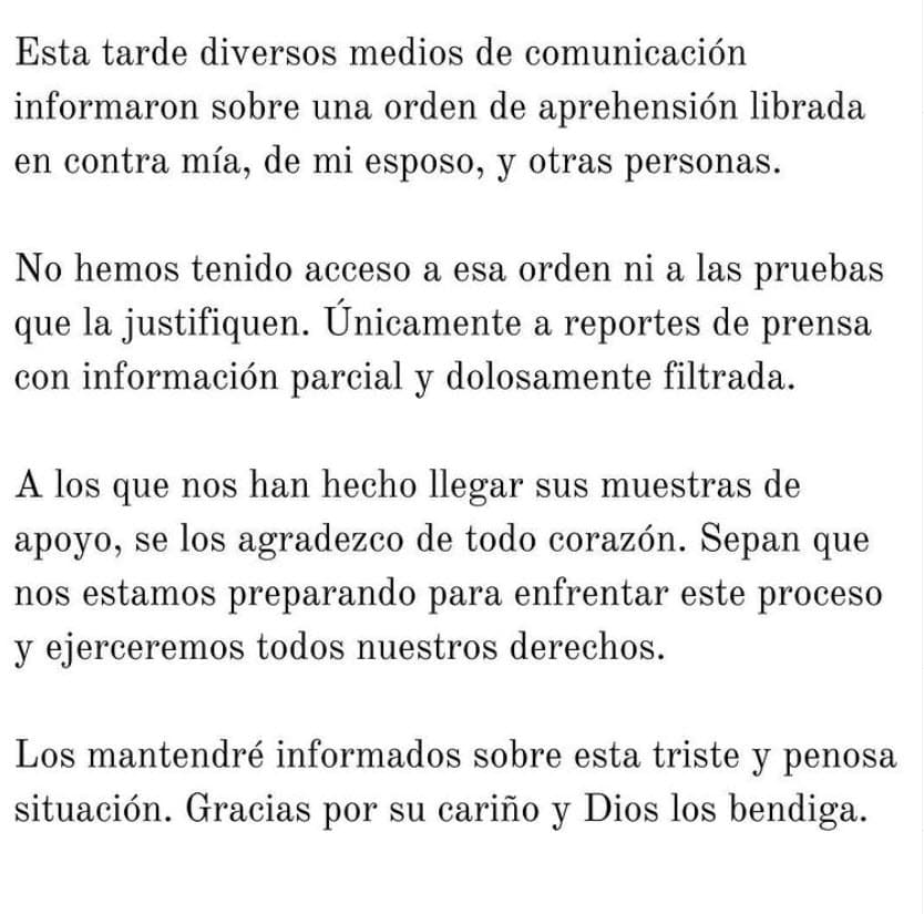 En un comunicado que publicó el 10 de septiembre, advirtió que ya están tomando cartas en el asunto
<b><a href="https://www.univision.com/famosos/ines-gomez-mont-orden-de-aprehension-reacciona" target="_blank"> "para enfrentar el proceso". </a></b>
<br>