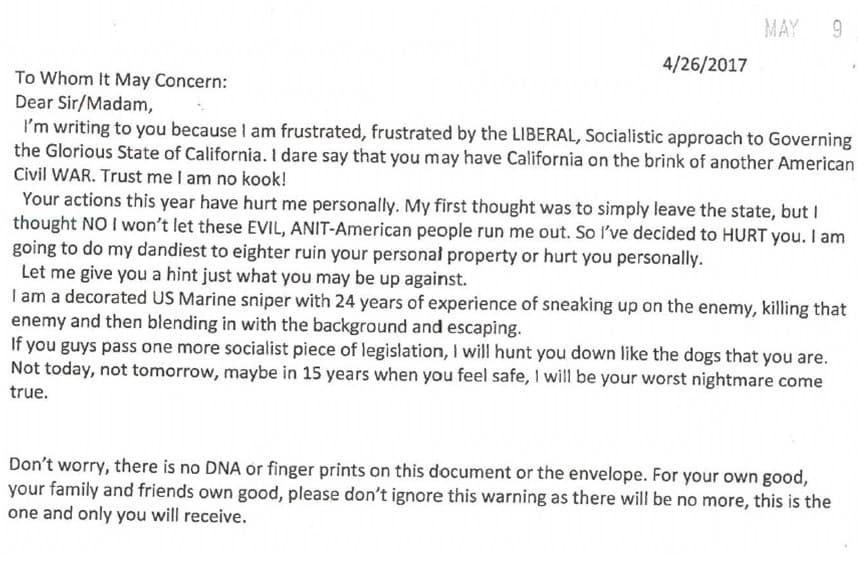 Carta recibida por la oficina del senador Kevin de León.