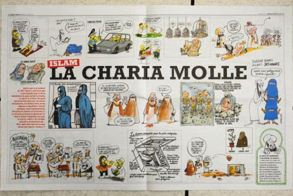 Esta edición de 2011 muestra satíricamente al profeta Mahoma hablando de la victoria de los islamistas en Túnez y del Consejo Nacional de Transición en Libia.