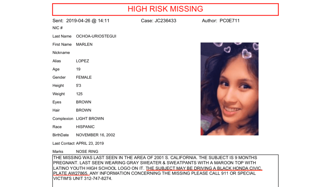 El 8 de mayo, la policía de Chicago 
<a href="https://www.univision.com/local/chicago-wgbo/has-visto-a-marlen-ochoa-uriostegui-sus-familiares-estan-preocupados-y-tiene-nueve-meses-de-embarazo">localiza</a> un vehículo que coincide con la descripción del carro que manejaba Marlen.
