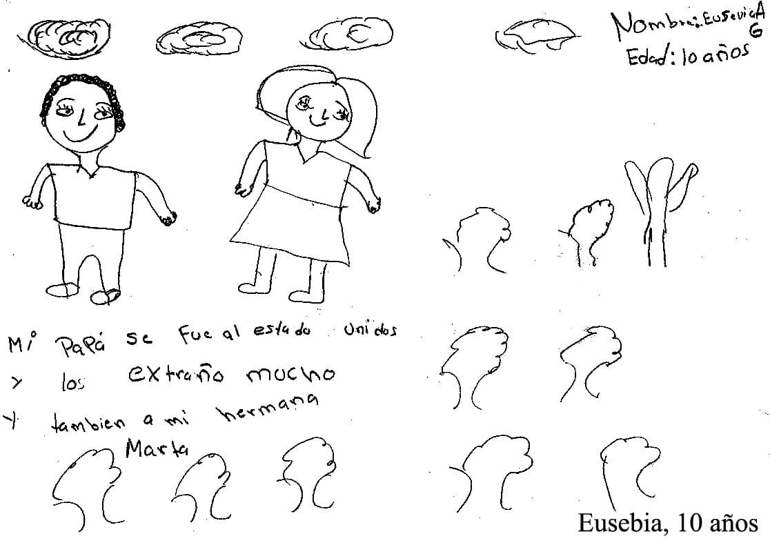 "Mi papá se fue a Estados Unidos y lo extraño mucho", escribe Eusebia de 10 años.