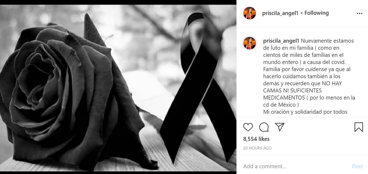 "Nuevamente 
<b><a href="https://www.instagram.com/p/CJrqah6hl57/" target="_blank">estamos de luto en mi familia</a></b> (como en cientos de miles de familias en el mundo entero) a causa del covid", dijo en la primera parte del mensaje. 
<br>