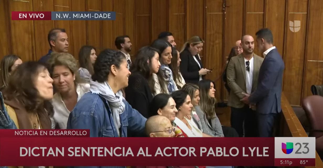 La sala en donde se llevó a cabo la audiencia estuvo llena de personas que apoyaban al actor como su 
<b><a href="https://www.univision.com/famosos/pablo-lyle-sentencia-esposa-emotivo-testimonio-actor-llorar">esposa Ana Araujo,</a></b> Silvia Lyle, hermana del histrión y su esposo, Lucas Delfino, quien iba manejando la camioneta el 31 de marzo 2019, día del fatídico incidente.
<br>