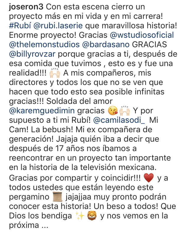 El actor acompañó la imagen con este texto en el que destaca la buena relación que tiene con su pareja romántica dentro de la historia.