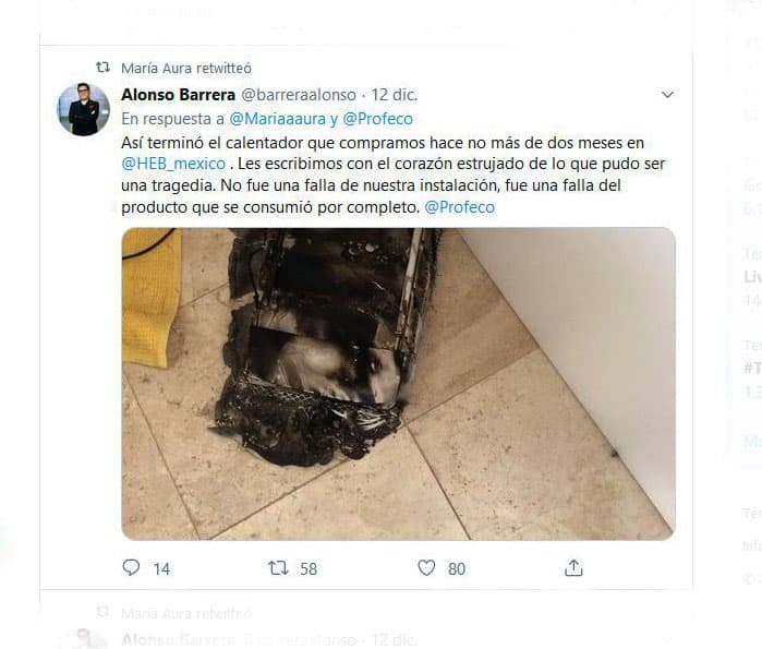 “Así terminó el calentador que compramos hace no más de dos meses. Les escribimos con el corazón estrujado de lo que pudo ser una tragedia. No fue una falla de nuestra instalación, fue una falla del producto que se consumió por completo”, relató.
