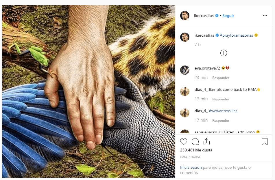 Iker Casillas, guardameta del Porto, publicó esta imagen en apoyo a los animales que se encuentran en el Amazonas.