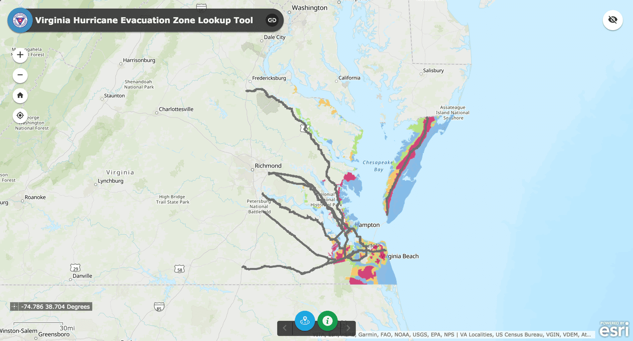 La página de internet KnowYourZoneVA.org tiene información de las vías oficiales de evacuación en Virginia.