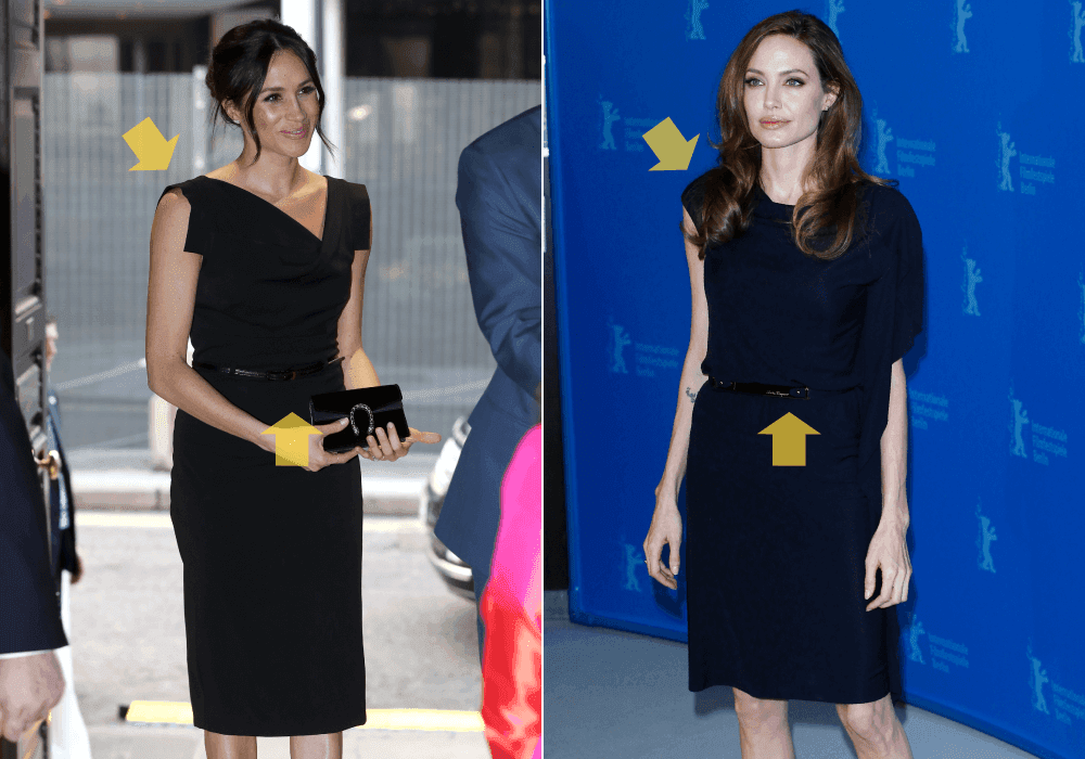 <b>LBD ASIMÉTRICO</b>:
<b> Angelina 2012 / Meghan 2018</b>
<br>Para asistir a la Berlinale, Angelina Jolie eligió un vestido negro corto (conocido como LBD) de Salvatore Ferragamo con manga asimétrica y cinturón negro. Seis años después,
<a href="https://www.univision.com/entretenimiento/realeza/todos-y-cada-uno-de-los-outfits-de-meghan-desde-que-empezo-a-coderase-con-la-realeza-fotos">vimos a Meghan</a> repitiendo el estilo con un LBD por debajo de la rodilla y escote asimétrico de Black Halo.
<br>