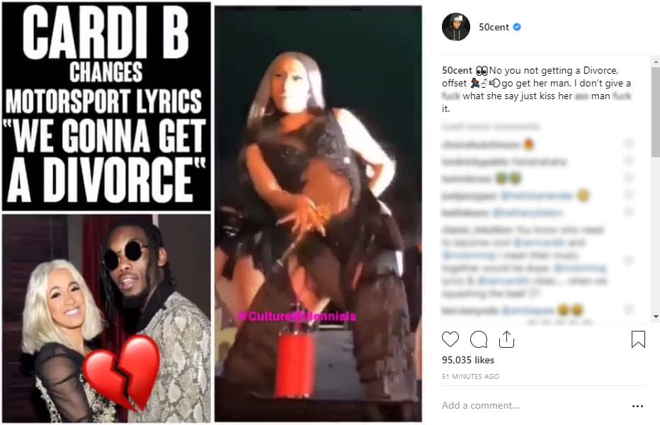 "No, no te estás divorciando, 
<b>Offset ve por ella</b>. Me importa un bledo lo que ella dice, solo besa su trasero", escribió.