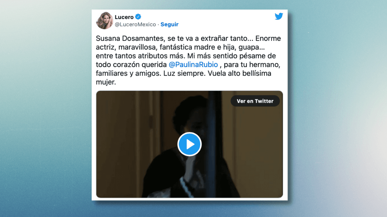 'La Novia de América', publicó el fragmento de una novela en el que aparece la exactriz llorando, junto al siguiente mensaje: "Susana Dosamantes, se te va a extrañar tanto... Enorme actriz, maravillosa, fantástica madre e hija, guapa… entre tantos atributos más. Mi más sentido pésame de todo corazón querida @PaulinaRubio , para tu hermano, familiares y amigos. Luz siempre. Vuela alto bellísima mujer".