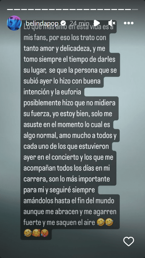 Belinda reiteró su cariño por sus fans tras incidente en un concierto