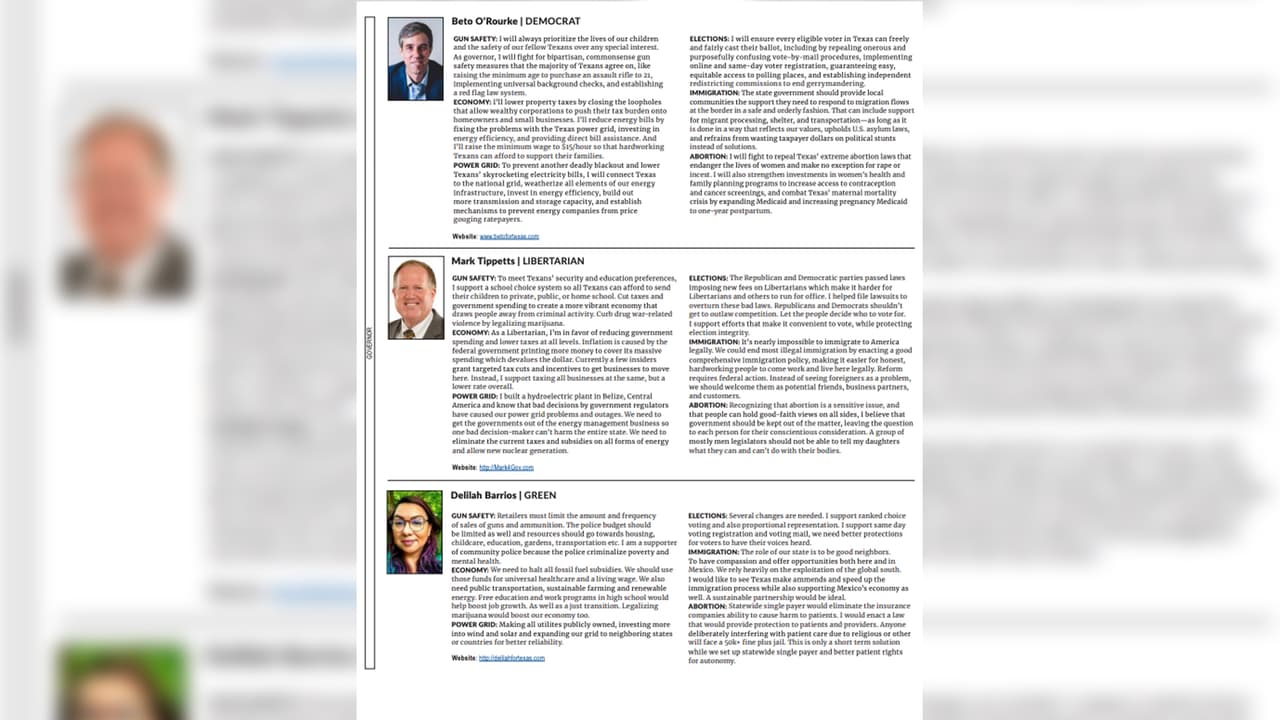 La guía de votantes incluye toodos los candidatos de todos los partidos quienes responden a preguntas específicas sobre diferentes temas como medio ambiente, inmigración, derecho a la mujer y educación.