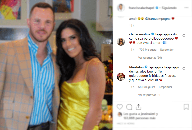 Los comentarios de sus compañeros y amigos del medio artístico no se hicieron esperar. Clarissa Molina y Lili Estefan coincidieron en sus mensajes de felicitaciones y de asombro por ver a la feliz pareja. “Dilo como sea, pero dilo. ¡Que viva el amor!, señaló la exreina de Nuestra Belleza Latina. Por su parte, la conductora cubana escribió: “Demasiado bueno, te quiero, felicidades preciosa y que viva el amor”.
<br>
