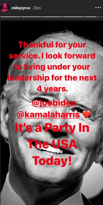 <b>Miley Cyrus</b> se unió a la lista de felicitaciones: "Agradecida por su servicio. Veo hacia adelante para vivir bajo su liderazgo los próximos 4 años. Joe Biden, Kamala Harris. ¡Hoy Estados Unidos es una fiesta!", haciendo alusión a su canción.