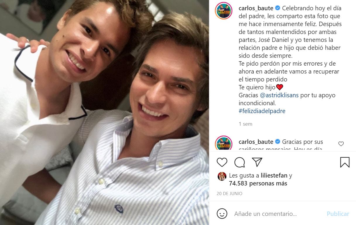 Tras años de batallas legales que incluyeron una
<b><a href="https://www.univision.com/famosos/con-31-anos-el-hijo-de-carlos-baute-le-pide-pension-alimenticia-que-nunca-le-dio-para-subsistir-de-manera-digna-fotos" target="_blank">demanda por pensión alimenticia </a></b>por parte del joven hacia el artista, Baute colgó esta imagen con la que confirmó que
<b><a href="https://www.instagram.com/p/CQWk5qUHZzs/" target="_blank">ha establecido una relación</a></b> y comunicación fraternal con el hijo que por muchos años no reconoció.
